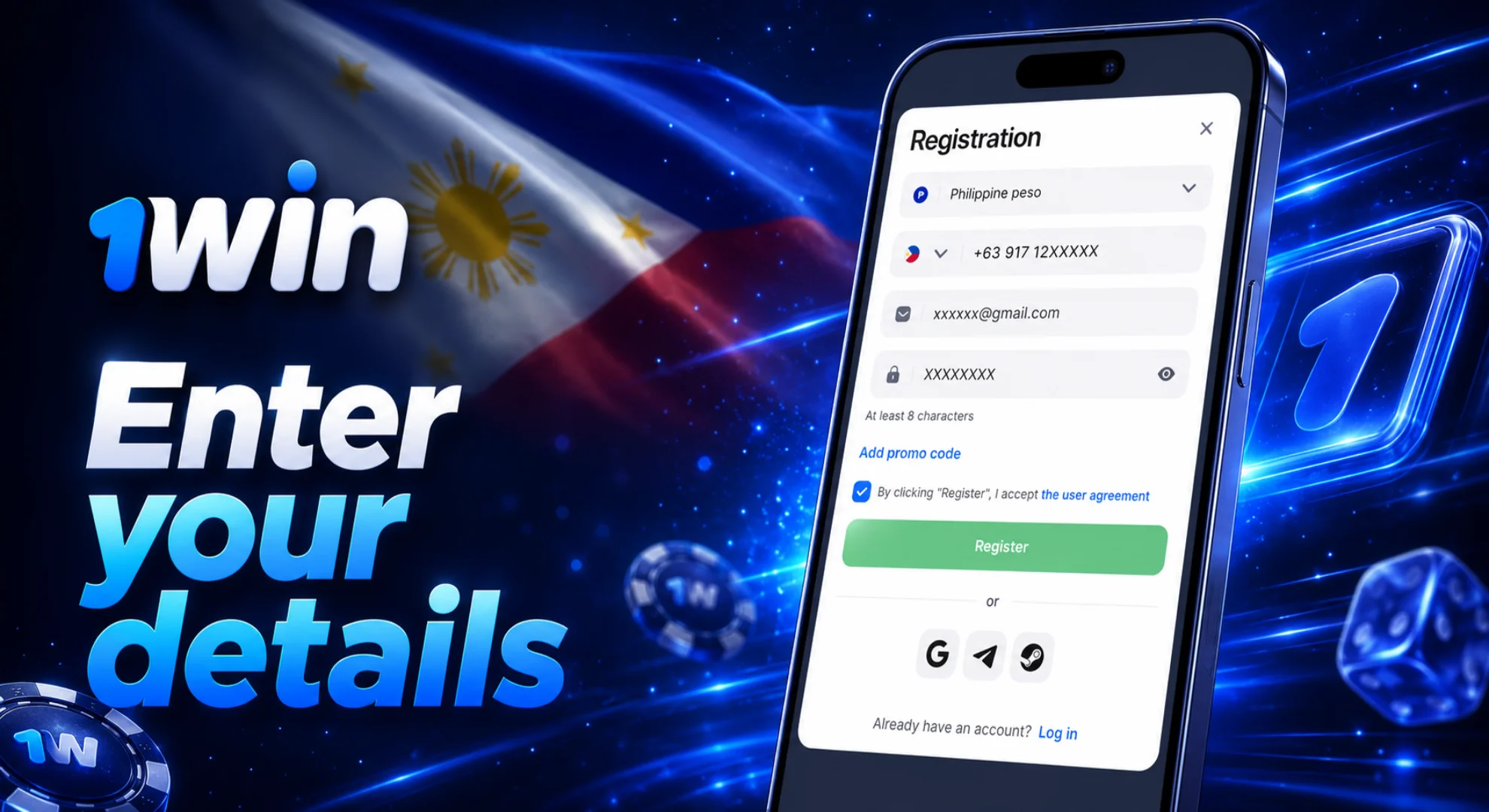 Please enter your details in the 1win registration form.