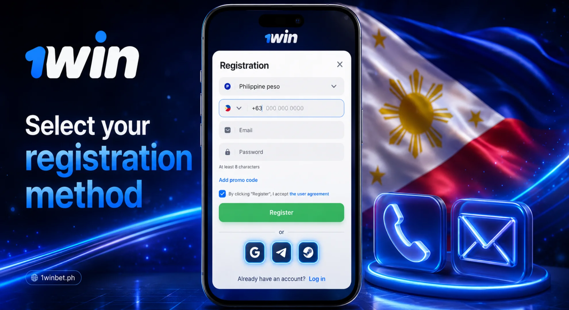 Select a method for registering with 1win.